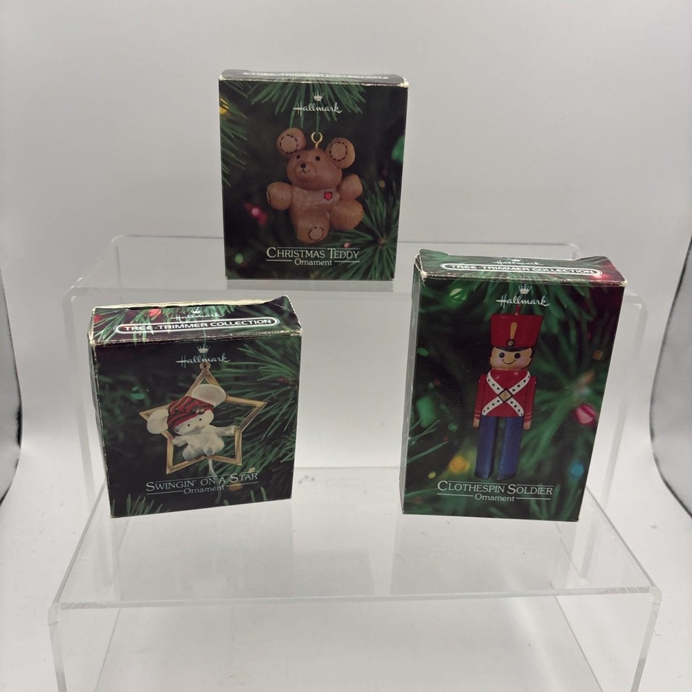 Vtg~Lot of 3~Hallmark Ornaments~Clothespin Solider/Swingin on a Star/Teddy